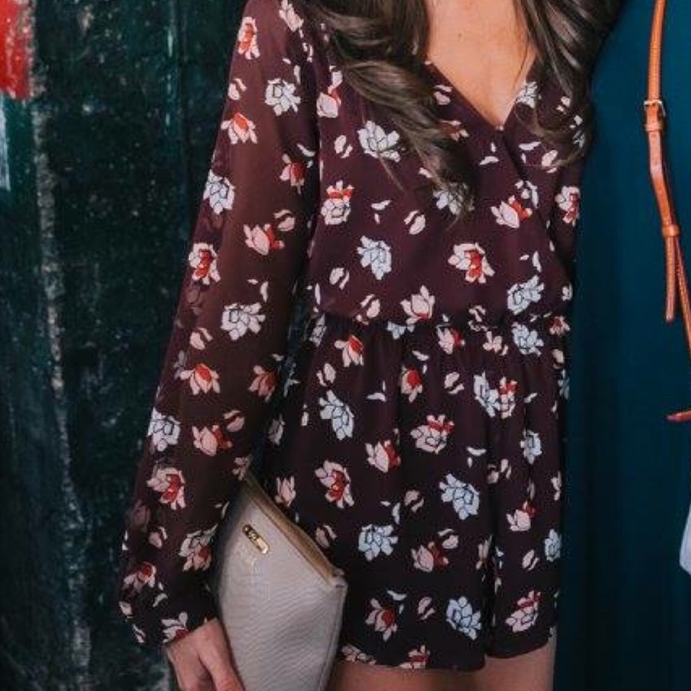 Brown & White long-sleeve floral romper